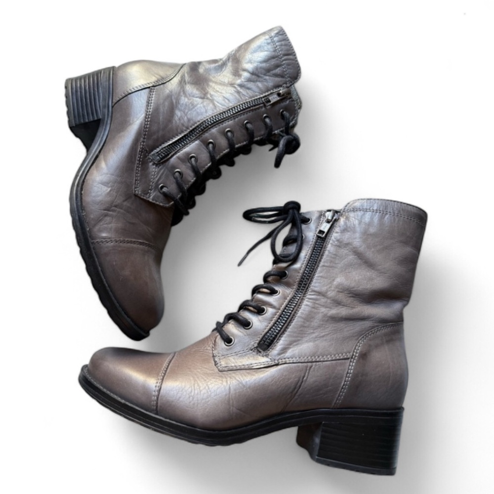 Miz Mooz Metallic Gray Leather Lace-Up Moto Boots